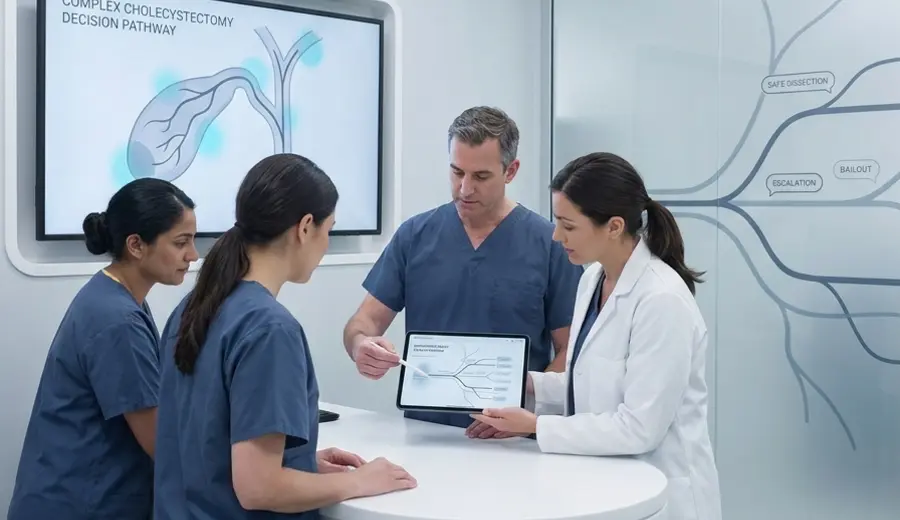 Surgical team using digital diagrams for biliary decision-making teaching