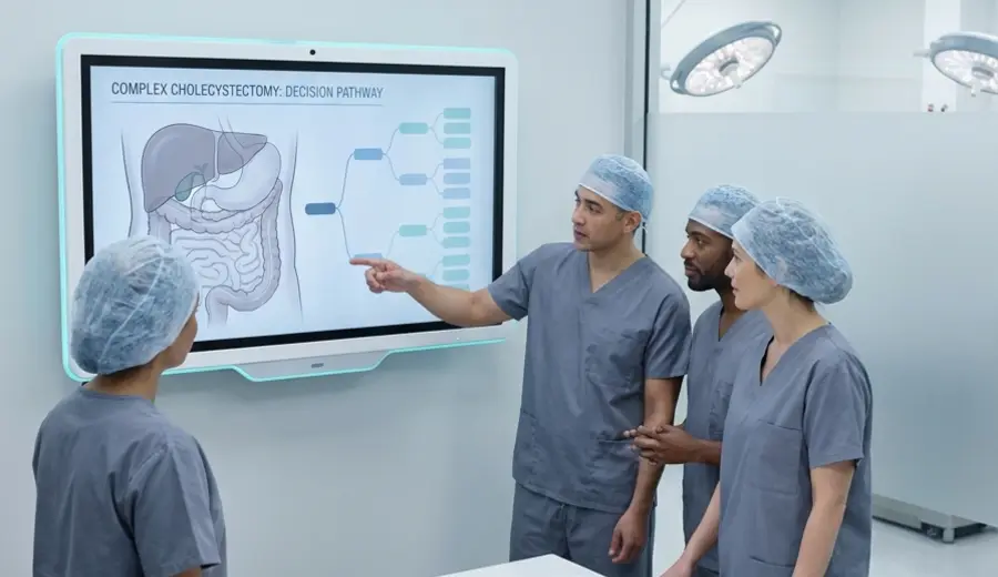 Surgeons reviewing complex cholecystectomy decision pathways in a training room