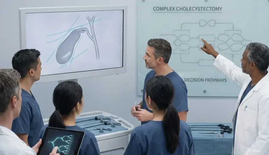 Hospital surgical team discussing complex cholecystectomy decision pathways