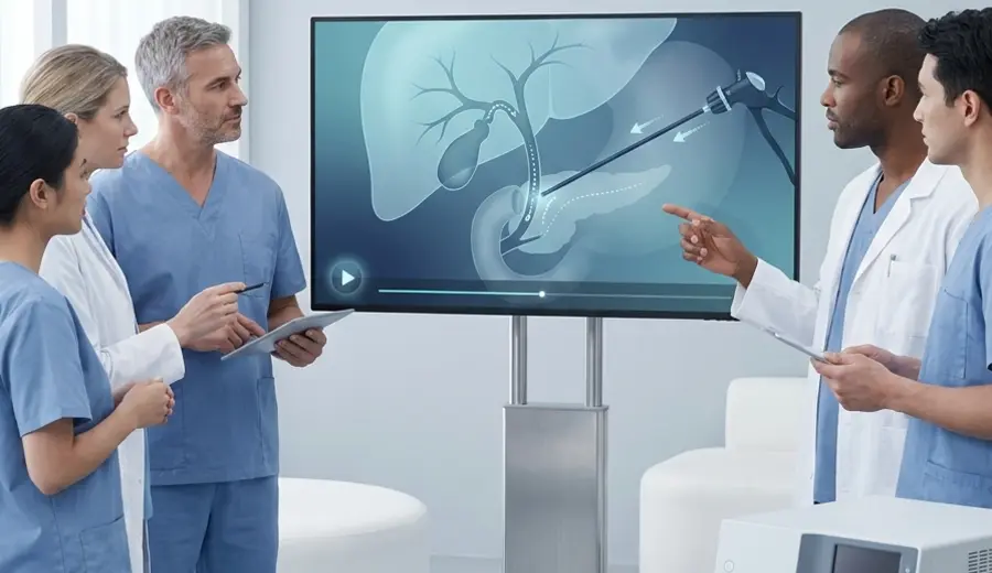 Surgical team reviewing laparoscopic biliary training on a clinical display