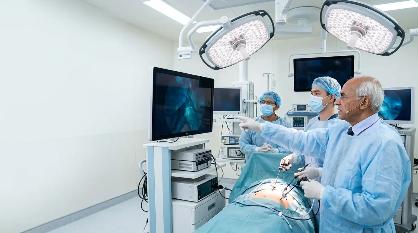 Mr Ahmad Nassar teaching laparoscopic technique with surgeons in an operating theatre